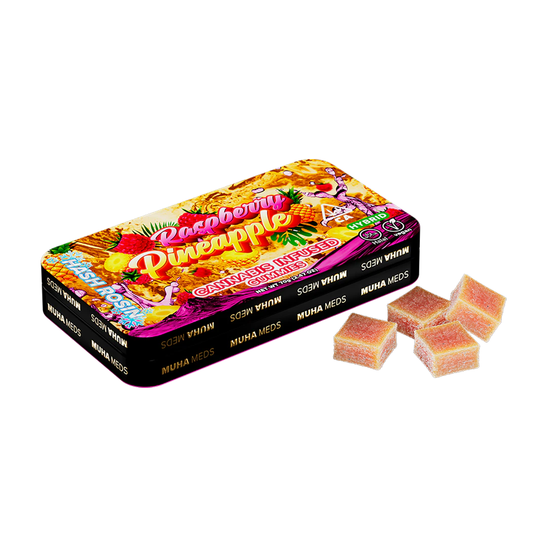Muha meds - RASPBERRY PINEAPPLE TIN GUMMIES | HASH ROSIN | 100MG | HYBRID Main Image